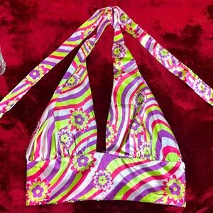 70s Themed Satin Flower Crop Top / Halter Top